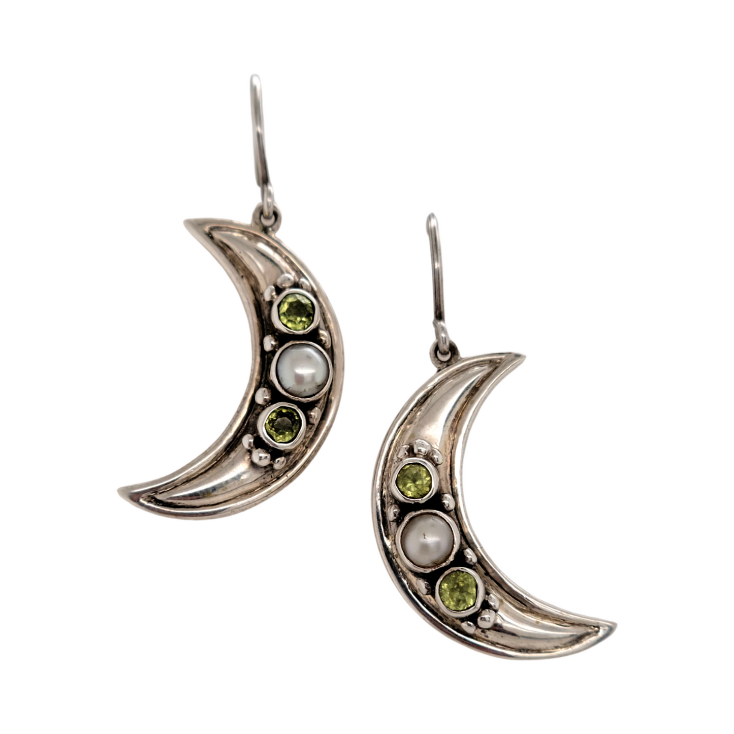 Pearl and Peridot moon earrings
